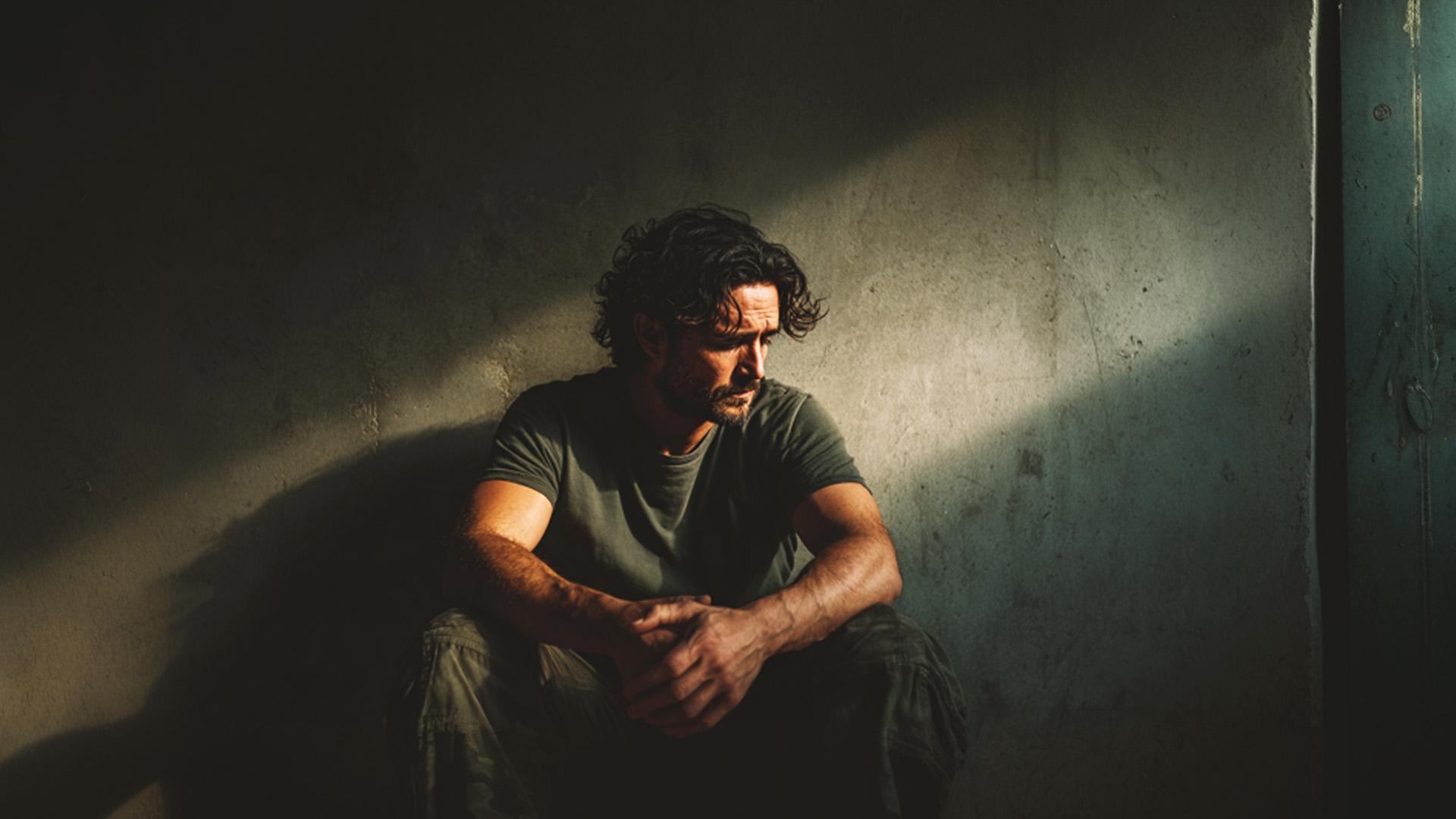 A man with curly hair sits dejected against a wall in a shaft of light.