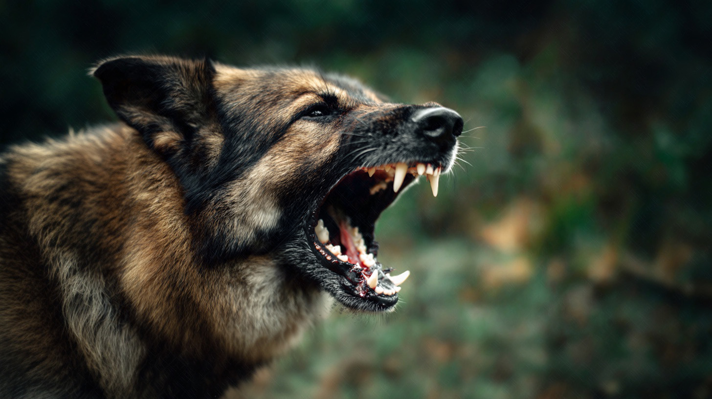 A closeup of a snarling dog with its mouth open, ready to bite, in a wooded setting.