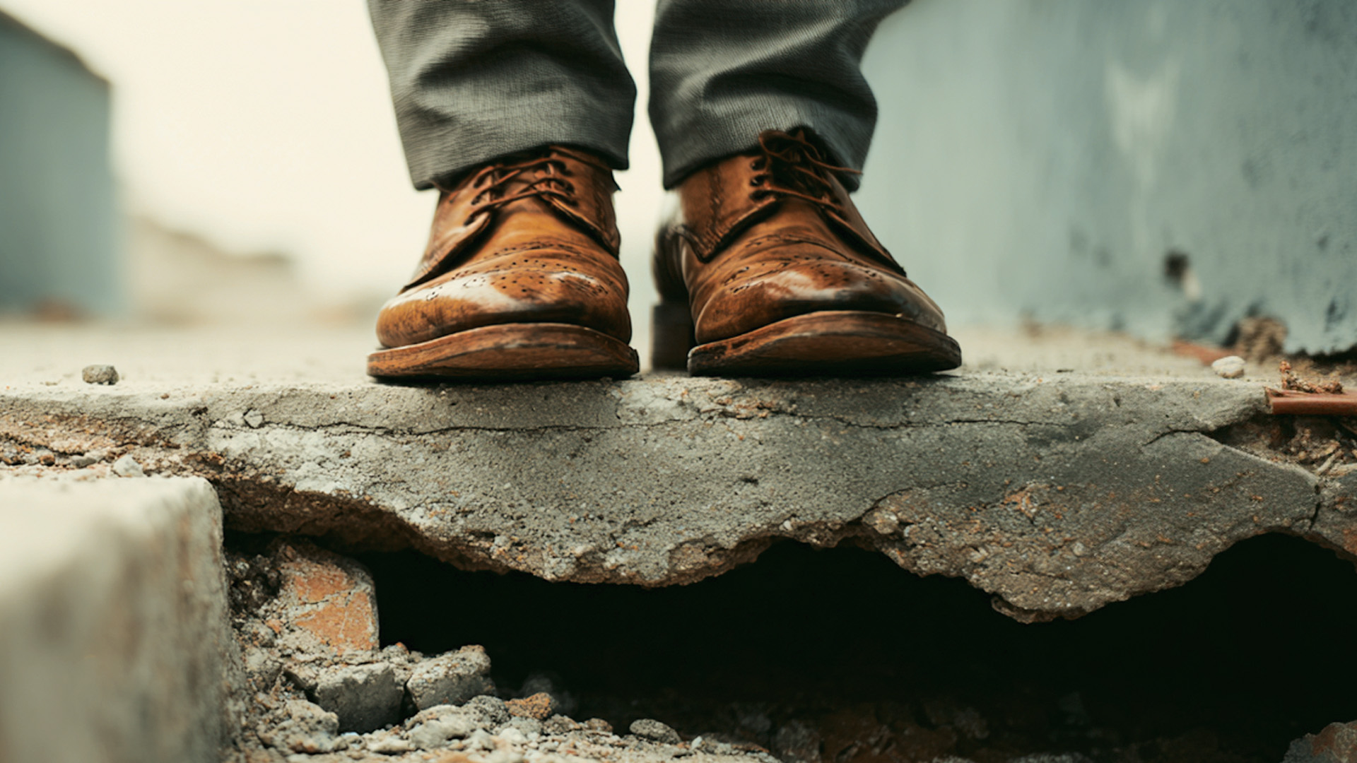 A man wearing brown leather shoes standing on a cracked broken concrete step.